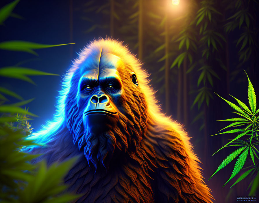 Colorful Gorilla Illustration with Neon Blue Outline in Jungle Scene