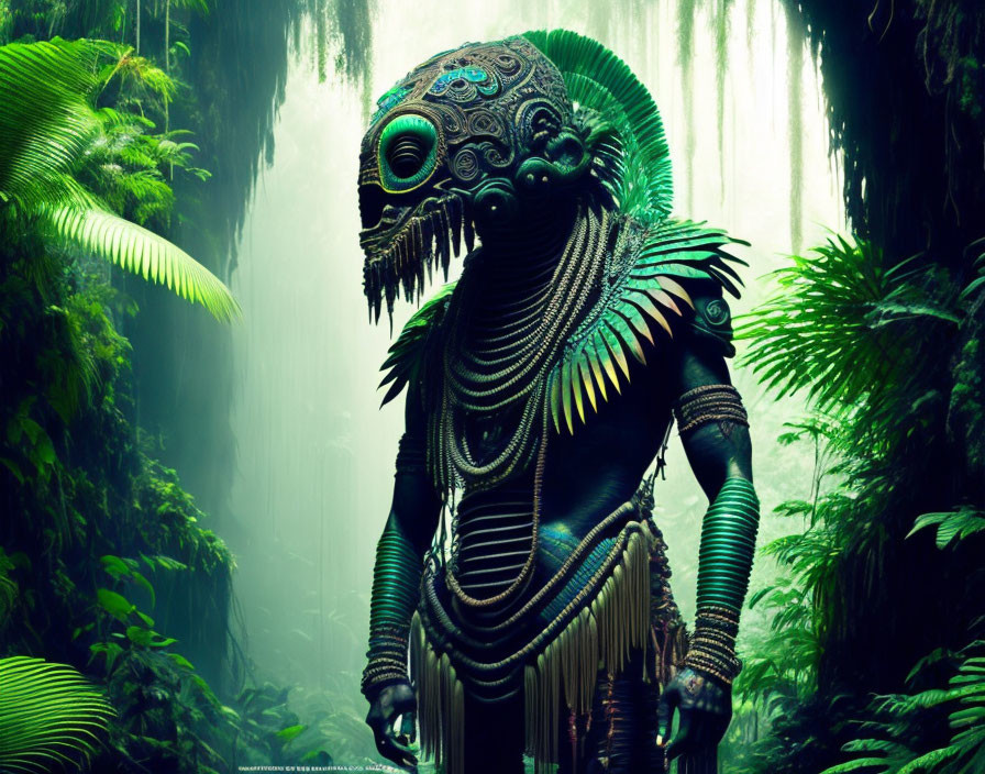 Mystical humanoid creature in ornate tribal masks and jewelry in lush jungle