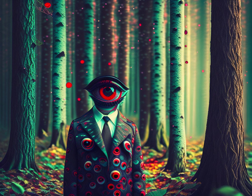 Surreal figure with eye head in vivid forest with red eyes