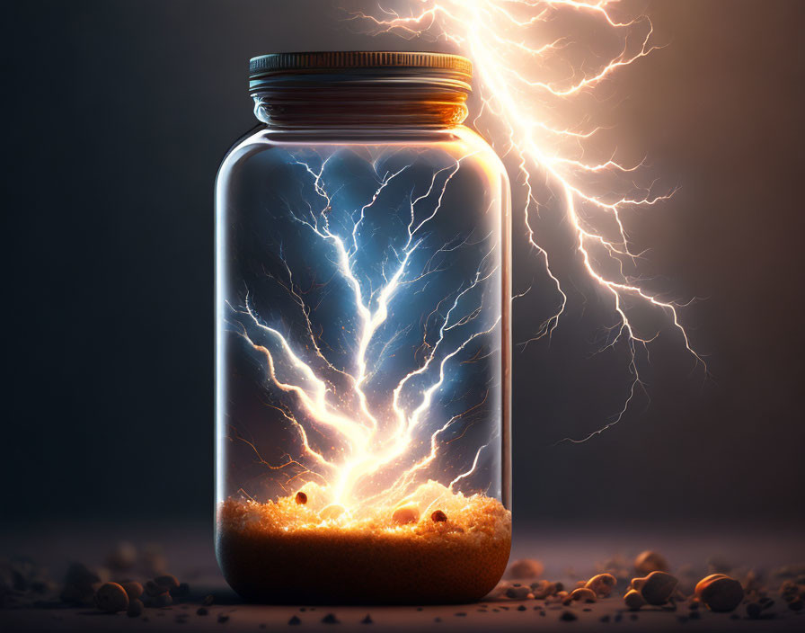 Glass jar with swirling lightning storm in dark background