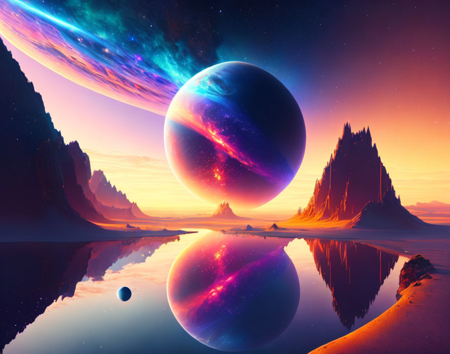 Majestic sci-fi landscape with colossal planets and starry sky