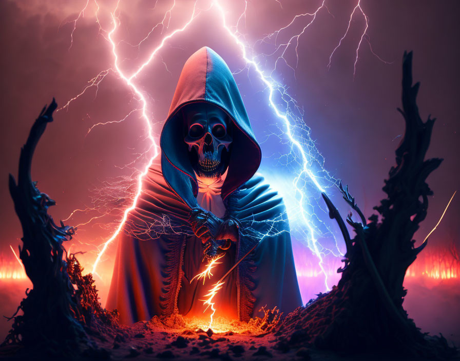 Hooded skeleton summoning lightning in dark, mystical landscape