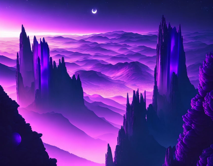 Surreal Purple Landscape with Towering Spires and Starry Sky