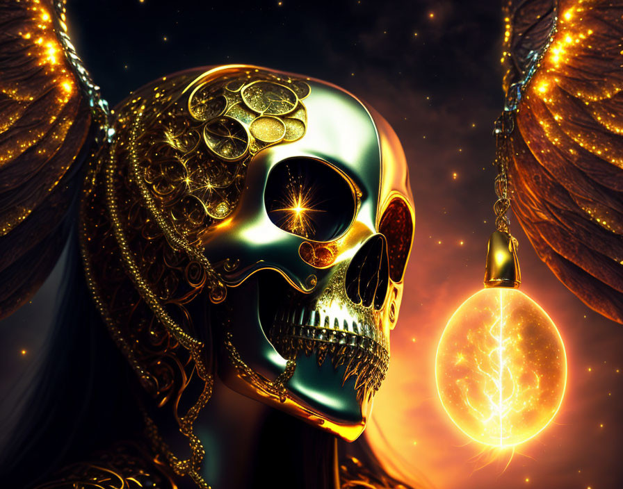 Golden ornate skull with glowing eyes and mystical amulet on fiery wings