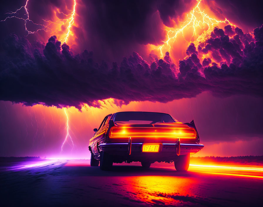 Vintage car with red lights under purple sky and lightning