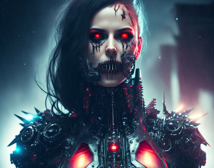 Menacing Female Cyborg with Glowing Red Eyes