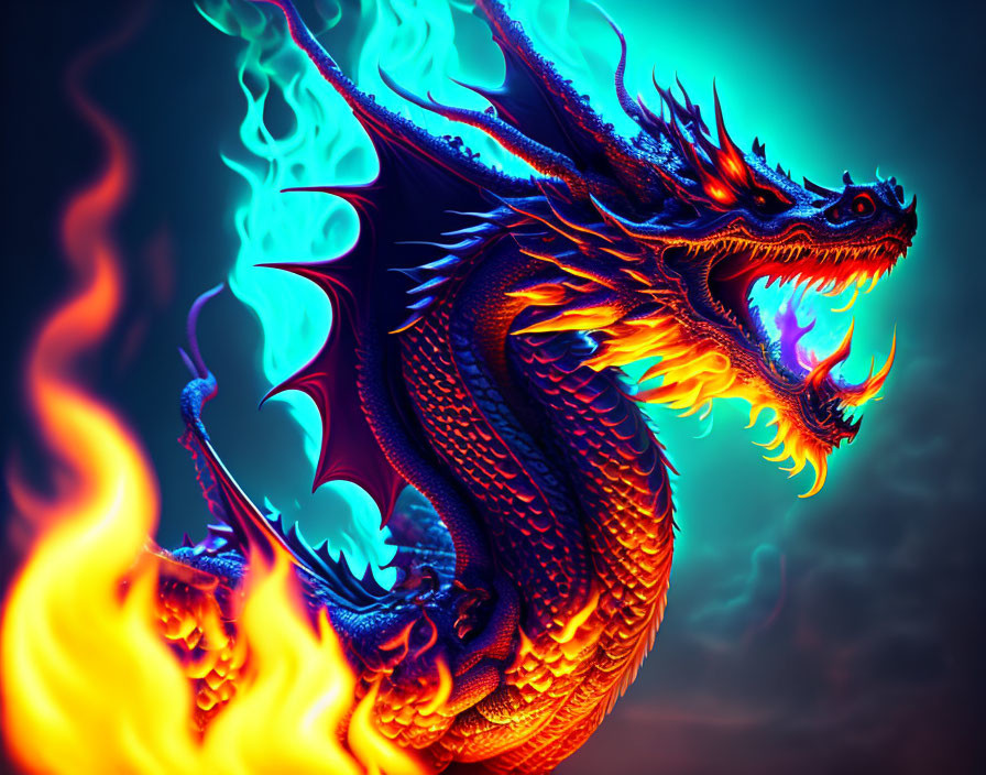 Colorful Dragon Illustration with Blue and Orange Scales in Fiery Scene