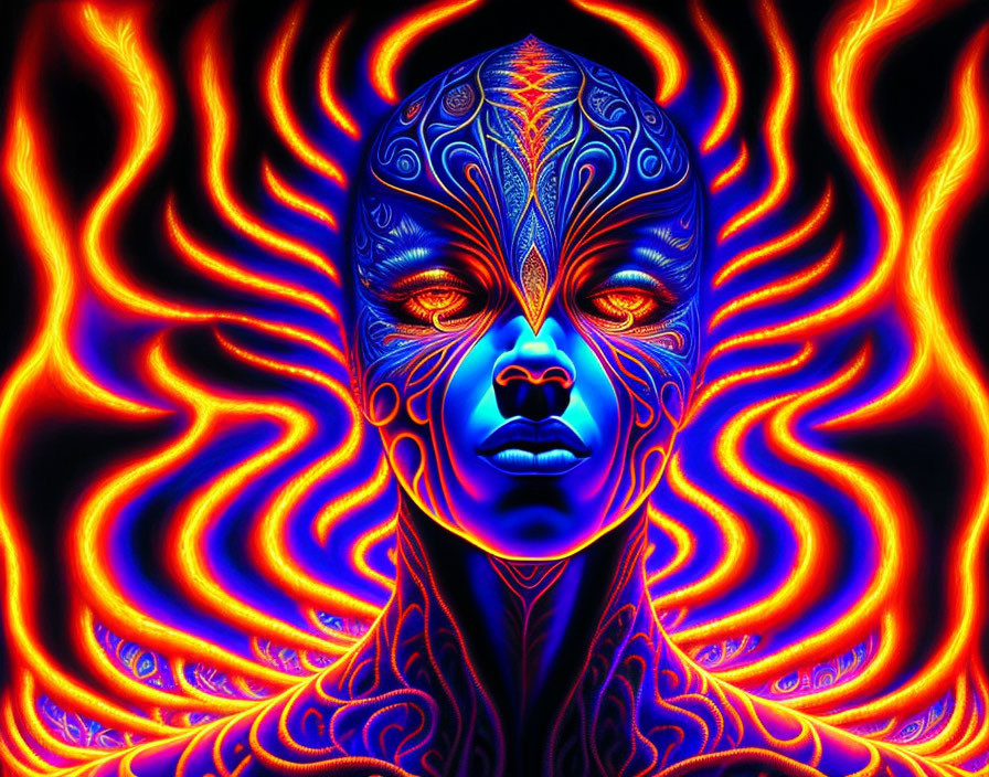 Vivid digital art: Blue face with intricate patterns on fiery red background