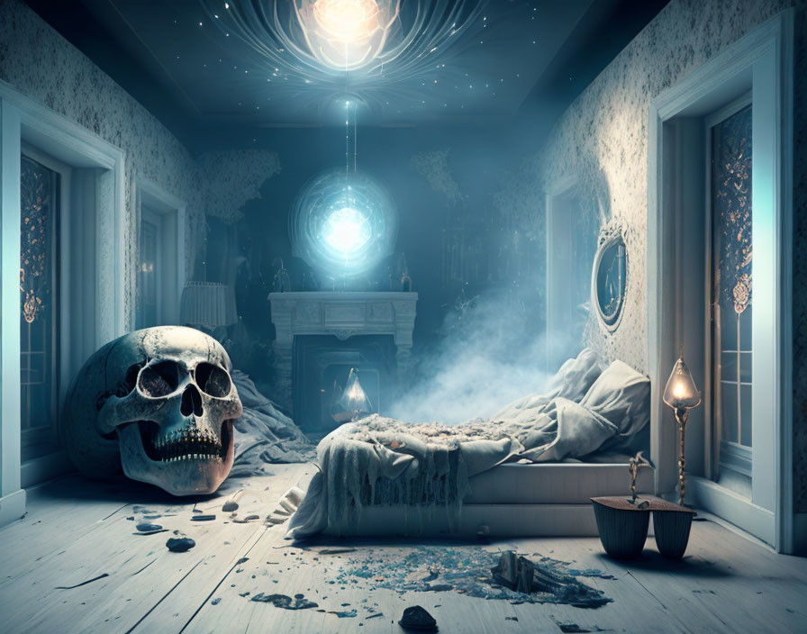 Spooky bedroom with giant skull, floating orbs, celestial projection, debris, glowing fireplace