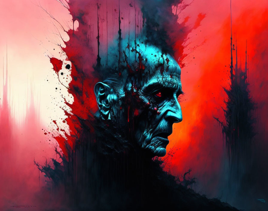 Vivid digital artwork: Blue humanoid profile against red and black splatters