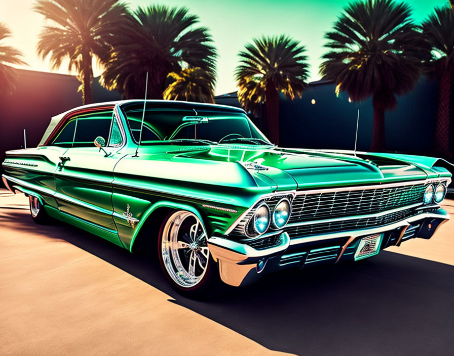 Vintage green car with chrome details and white wall tires under palm trees in colorful sky