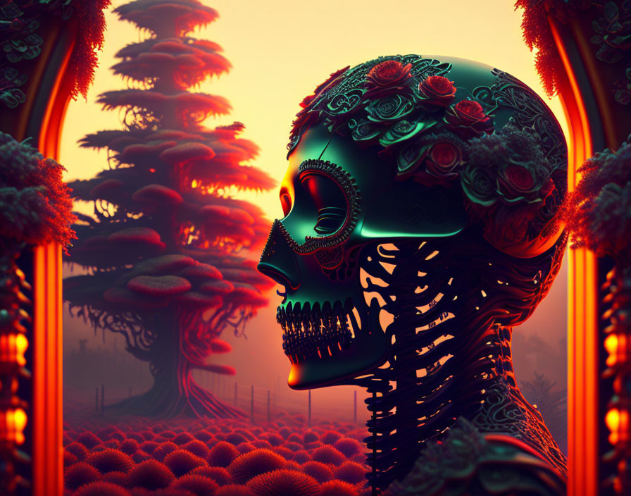 Floral-patterned skull in alien landscape at sunset