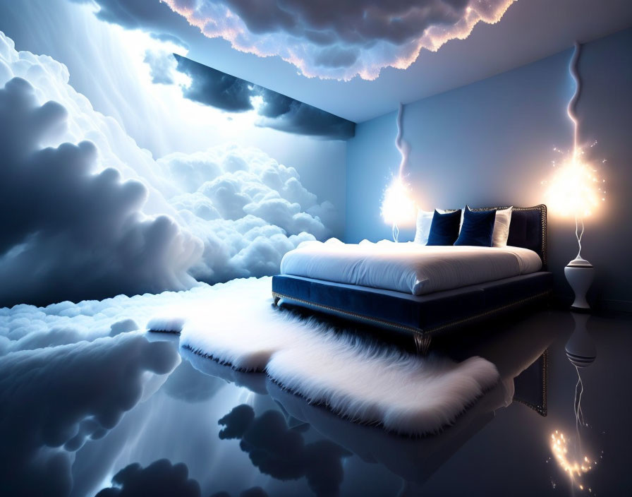 Dreamlike Bedroom with Floating Bed on Clouds & Sparkling Blue Accents