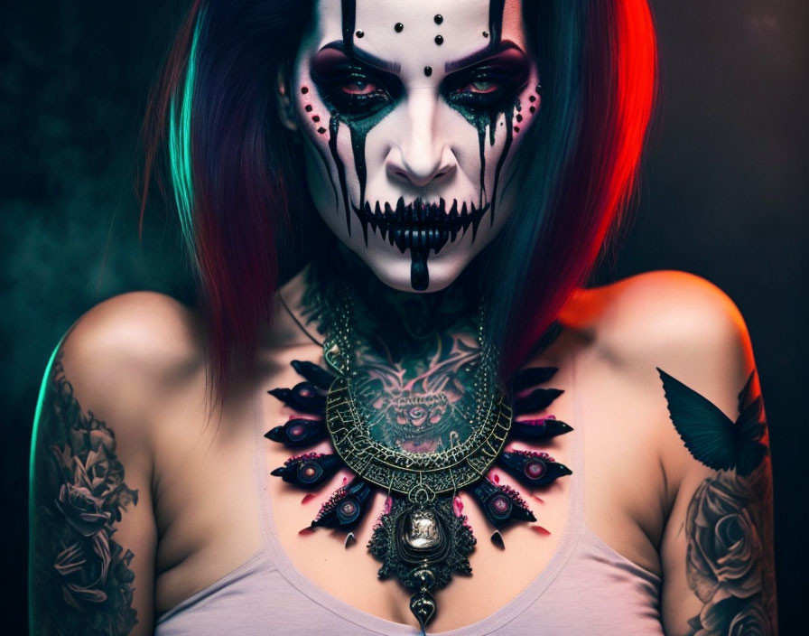 Vibrant red and blue hair with skull makeup and tattoos on moody background