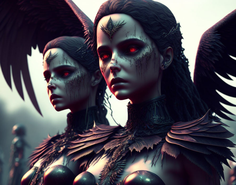 Dark Angelic Wings and Intricate Facial Markings on Gothic Figures