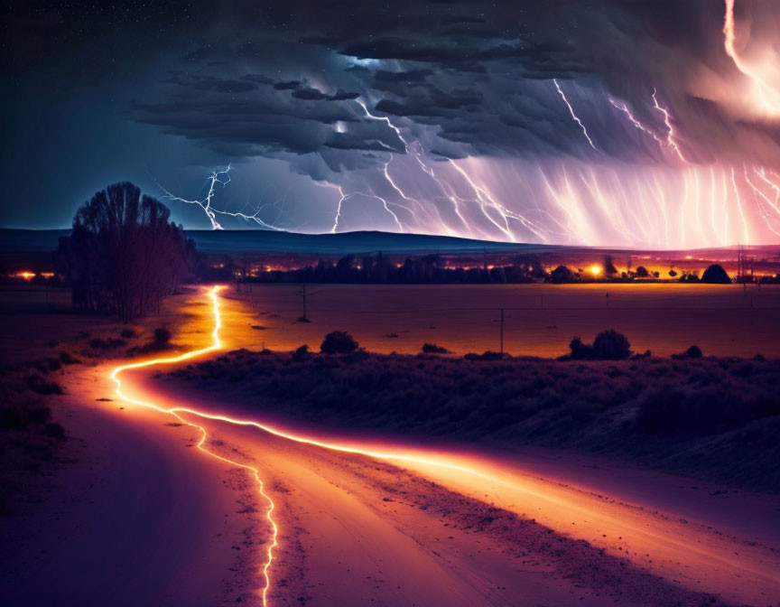 Winding dirt road under dramatic night sky with lightning