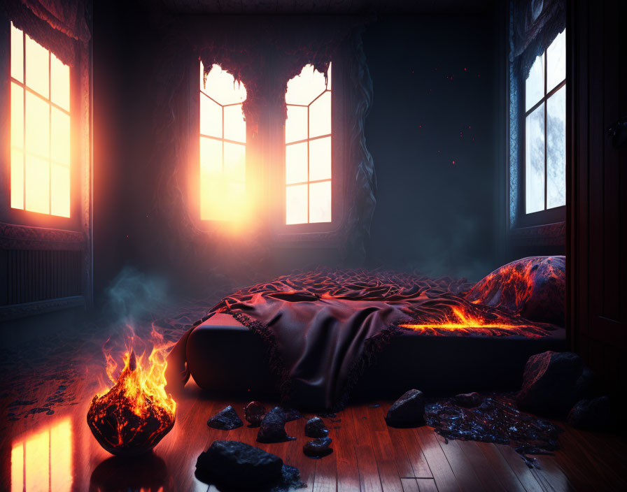 Dimly Lit Room with Glowing Lava Cracks and Broken Windows