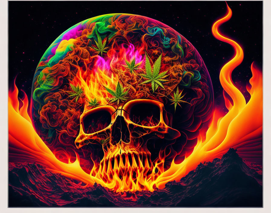 Colorful Flaming Skull Artwork with Cannabis Leaves and Psychedelic Moon