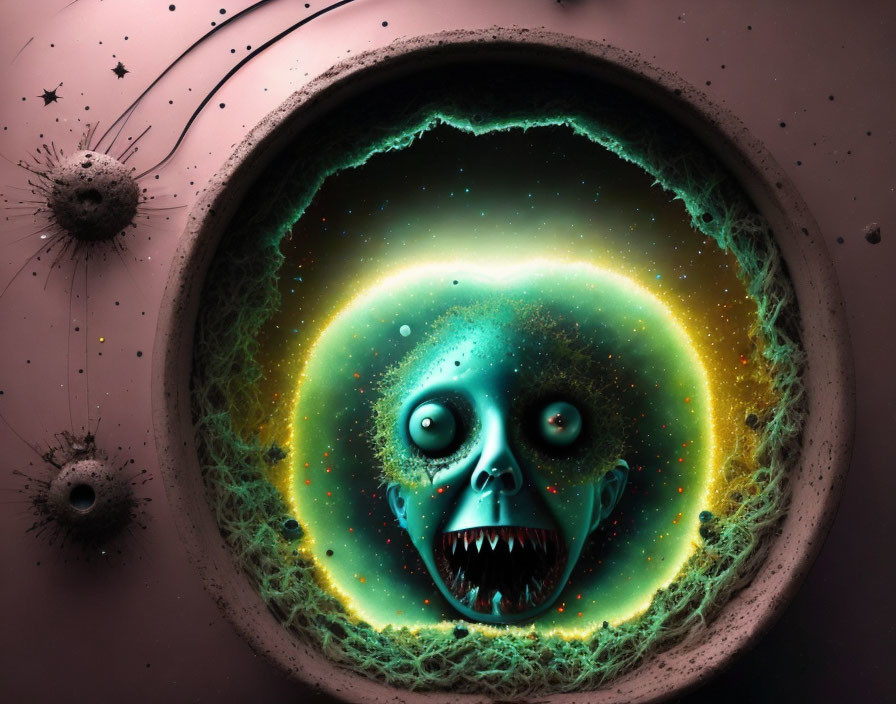 Surreal glowing skull with wide mouth and cosmic elements in circular frame