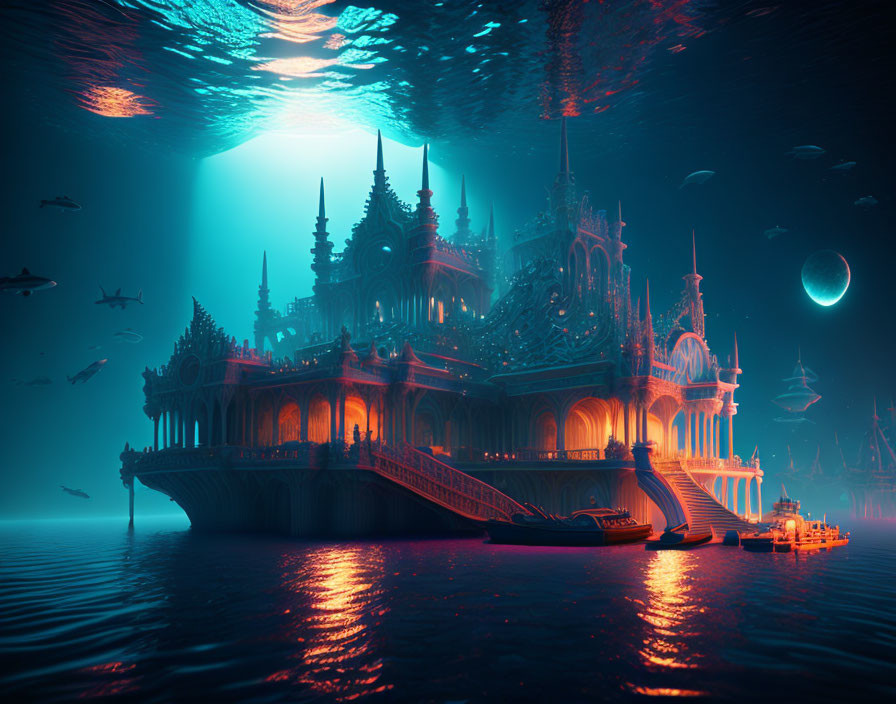 Submerged city with glowing lights, ornate structures, fish, and ocean surface glimpse