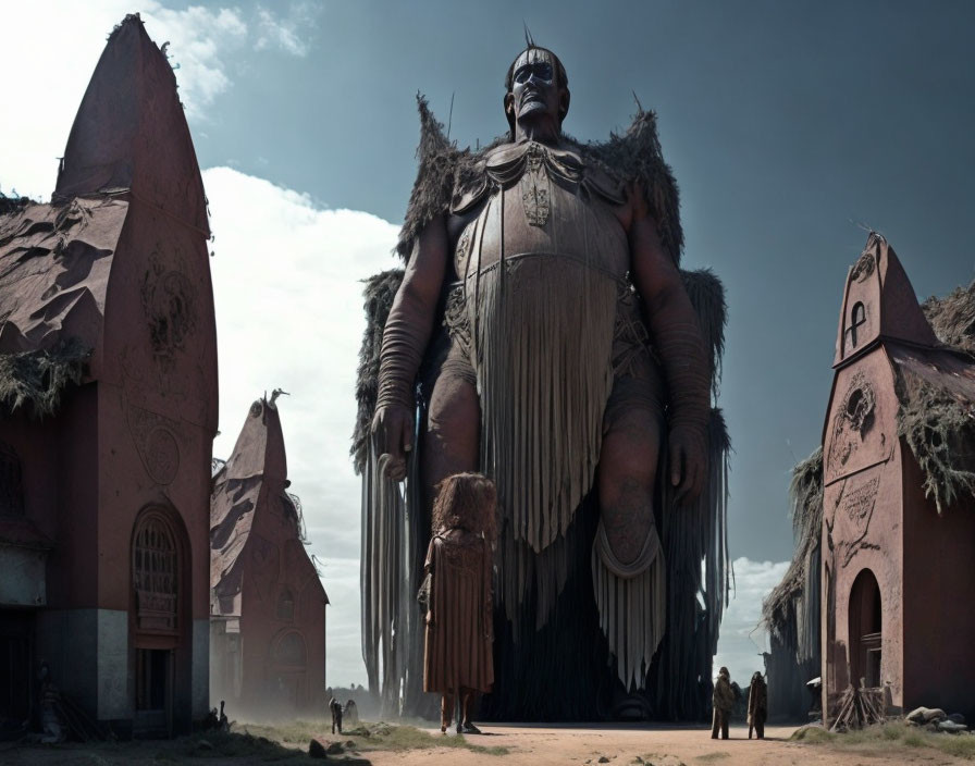 Tribal armored figure in dystopian settlement under cloudy sky