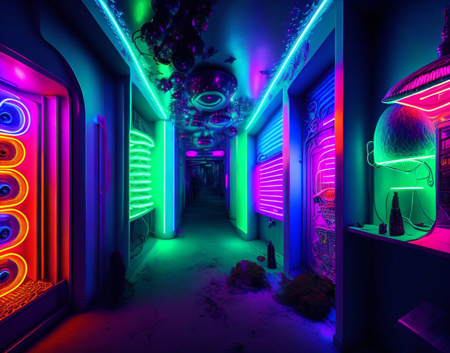 Neon-lit hallway with blue and purple futuristic decor