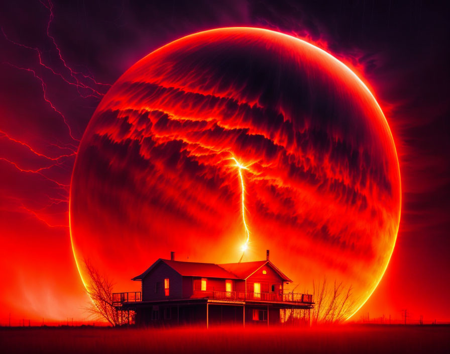 Surreal artwork of red glowing stormy sphere over solitary house