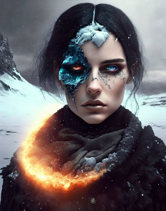 Cosmic energy eye woman with fiery neckpiece on snowy mountain.