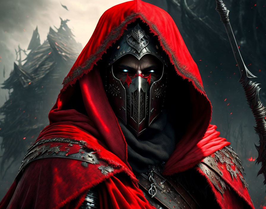 Mysterious figure in red cloak and dark armor with mask, ominous atmosphere, floating embers, and