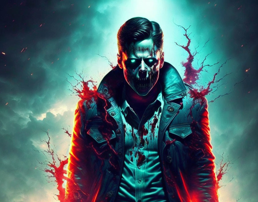 Person with half-skull face in leather jacket, red aura, stormy background