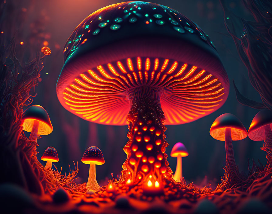 Digital artwork of neon-lit bioluminescent mushrooms in a fantasy forest