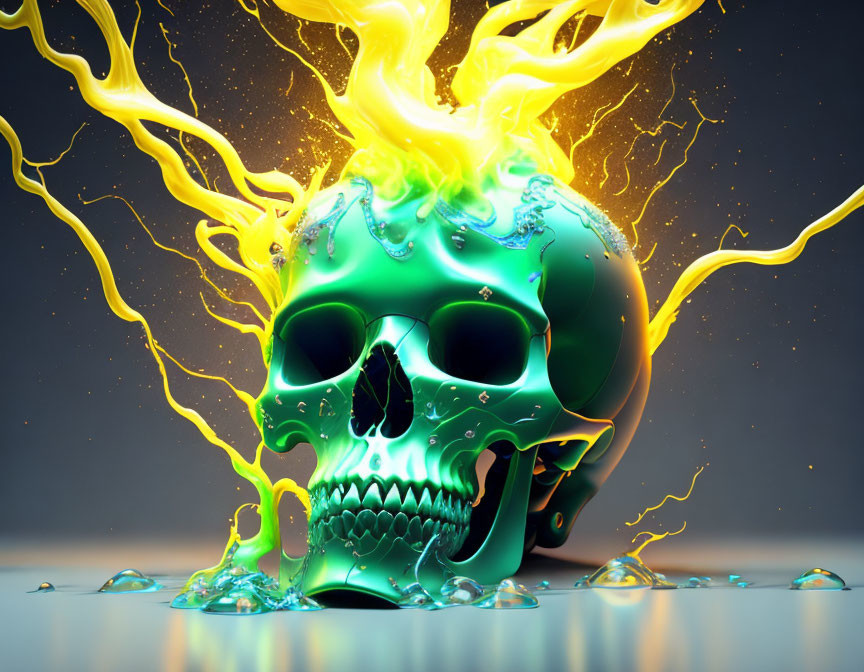 Colorful 3D illustration: Neon green skull with fiery liquid splashes