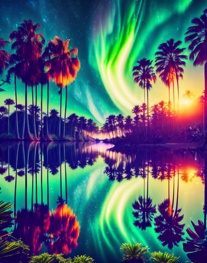 Tranquil sunset scene with palm trees, auroras, and starry sky