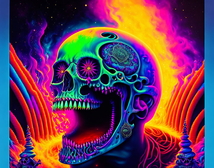 Colorful Psychedelic Skull Artwork with Flaming Columns under Neon Sky