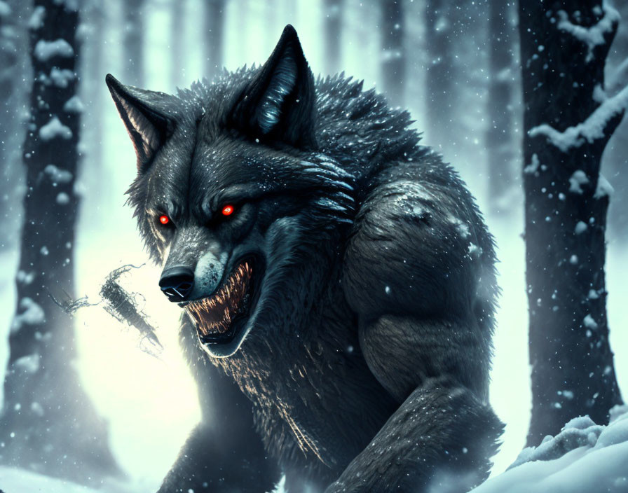 Glowing red-eyed wolf with bared teeth in snowy scene