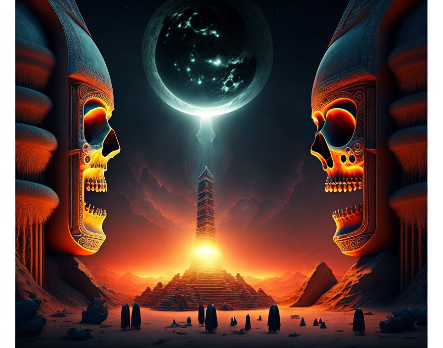 Surreal landscape with Egyptian-style skull pillars and pyramid under moonlight