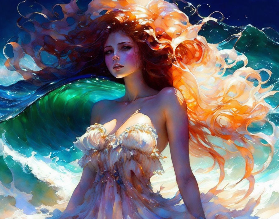 Colorful artwork featuring woman with red hair and golden dress by luminous blue waves