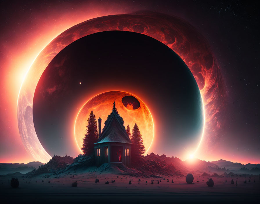 Lonely cabin under gigantic rising planet in surreal landscape