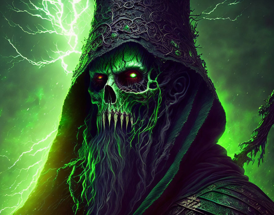 Skull-faced figure with glowing red eyes in decorated hood against green lightning