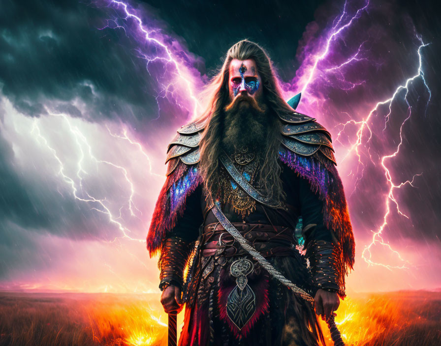 Bearded warrior in elaborate armor under purple lightning sky