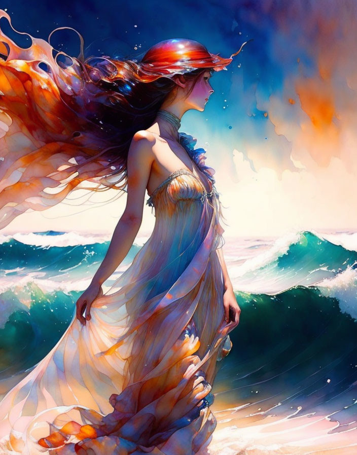 Vibrant painting of a woman by the sea in flowing attire