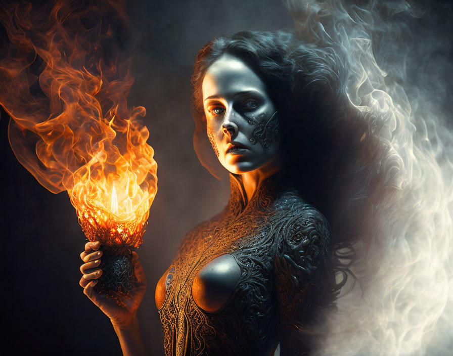 Dark-haired woman with fiery torch and intricate face paint in smoky setting