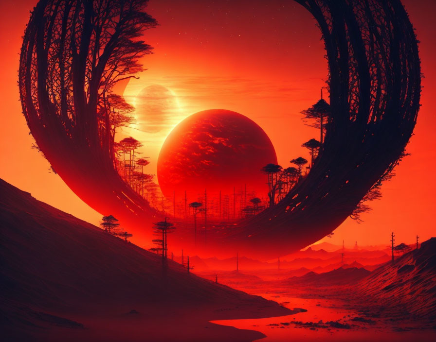 Red Futuristic Landscape with Ring Structure, Trees, Dunes, and Planet moons