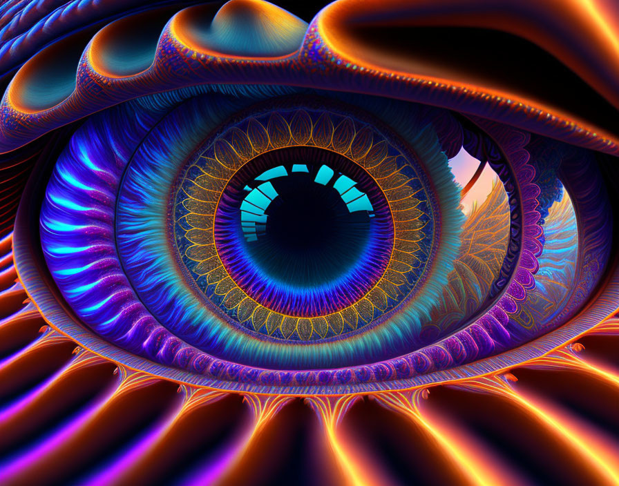 Colorful surreal eye illustration with fractal patterns in blue, orange, and purple