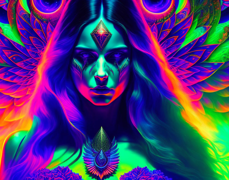 Colorful digital artwork of woman with neon colors and feather-like wings.