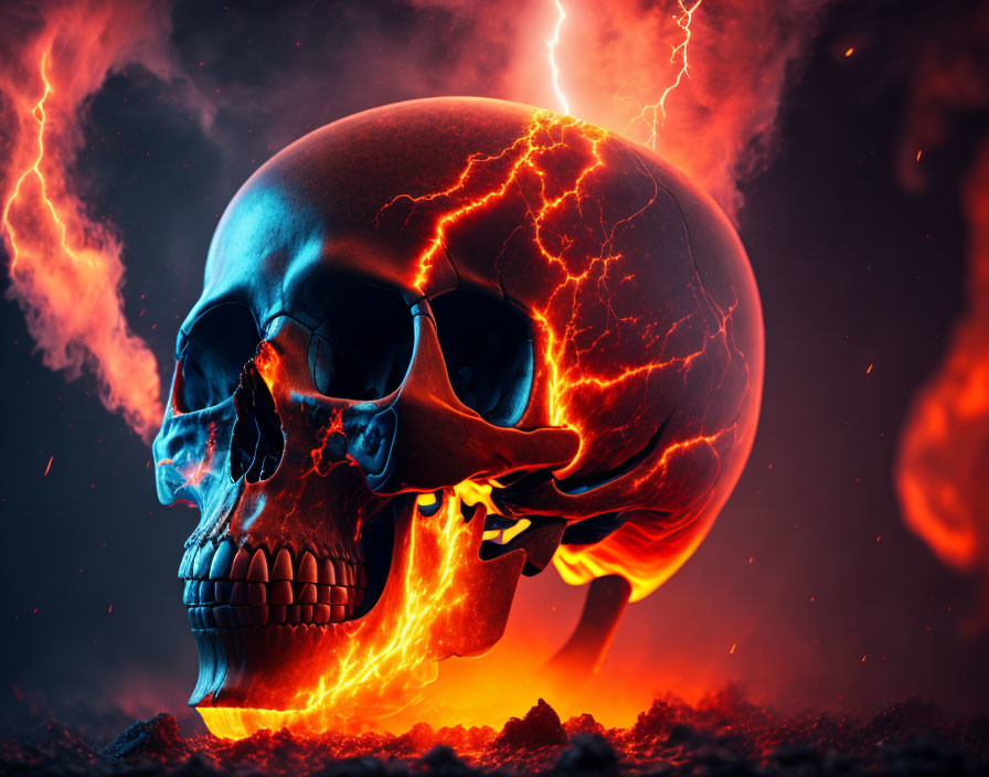 Fiery skull with crackling lightning background