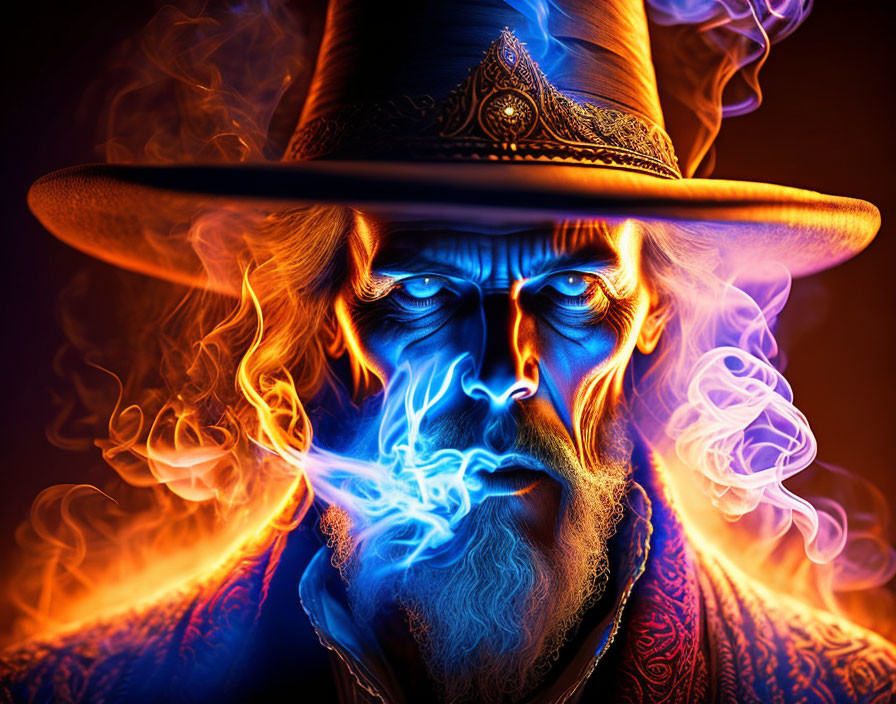 Digital art of mystical figure with glowing blue face and fiery orange backdrop