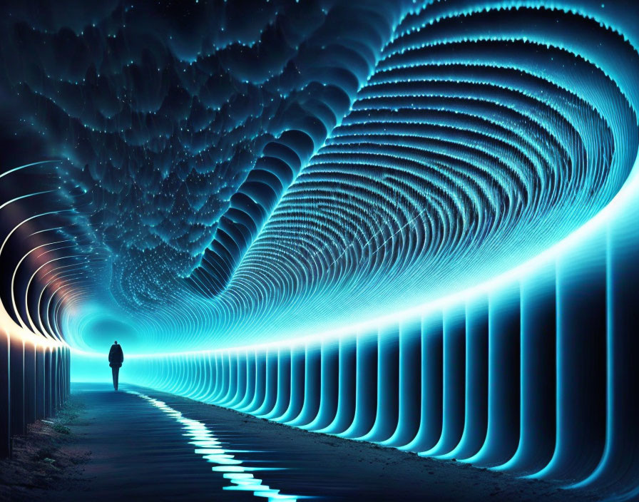 Futuristic tunnel entrance with mesmerizing blue neon lights