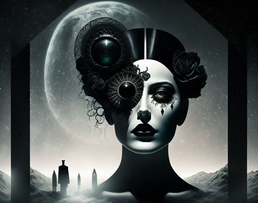 Surreal portrait of woman with cosmic, rose, and gear elements under moonlit sky