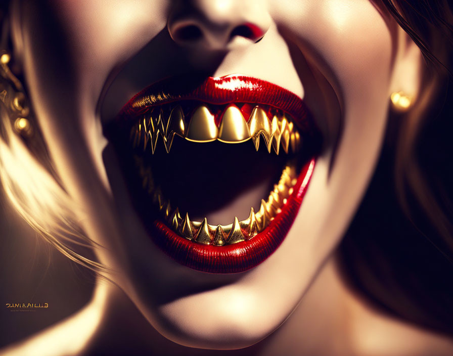 Detailed Close-Up of Woman's Golden Teeth and Red Lipstick